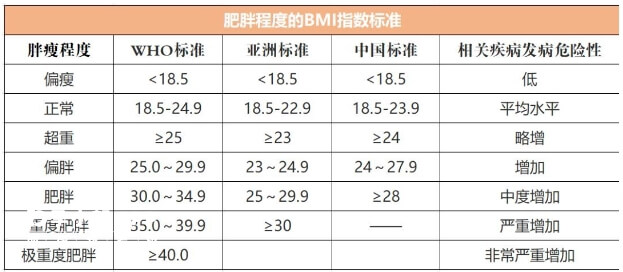 肥胖程度的BMI指数标准